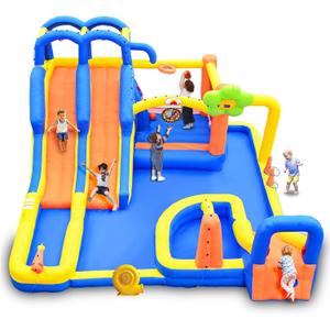 Inflatable Bounce House with Blower, Jumping Castle with Triple Slide Park, Dartboard, 3 Slides, Ring Toss Game and Climbing Wall