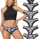 6pcs Women Underwear Gothic Sexy Halloween Skulls Roses Allover Print Contrast Lace Hipsters Panties Large