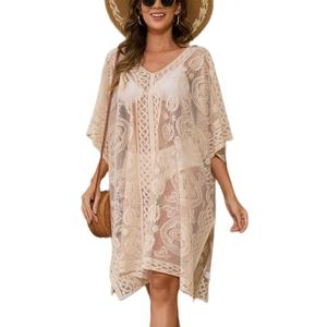 Sexy Elegant Lace Beach Cover Up for Women, Bathing Suit Cover Up, V-Neck Swimsuit Coverup for Poolside, Seaside and Party (Beige 2), L