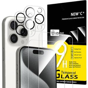 3 x NEW'C 4 Pack, 2 Pack for iPhone 15 Pro Screen Protector (6.1 inch) + 2 Pack Camera Lens Protector, Sensor Protection,Case Friendly Tempered Glass Film 3 x NEW'C 4 Pack, 2 Pack for iPhone 15 Pro Screen Protector (6.1 inch) + 2 Pack Camera Lens Protector, Sensor Protection,Case Friendly Tempered Glass Film