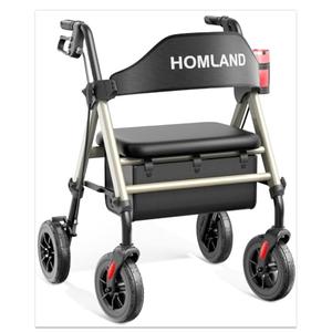 Walkers for Seniors with Seat, Foldable Rollator Walker, Reinforced Aluminum Frame, 8" Big Rubber Wheels for All Terrain, Height Adjustable Lightweight Rolling Walker, Light Gold