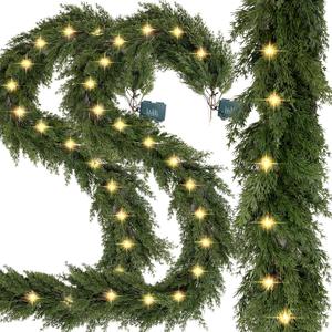 6.2 FT Prelit Christmas Cedar Garland 2 PCS, Realistic Artificial Pine Needle Faux Cypress Greenery with 20 Lights for Christmas Table Mantle Wall Room Outdoor Indoor Winter Decoration