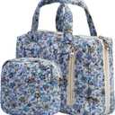 Cute Quilted Floral Makeup Bag(2Pcs)，Coquette Aesthetic Cosmetic Bag，Travel Toiletry Bags， Kawaii Aesthetic pouch for Women (14-BlueVine)