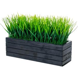 MyGift 14 Inch Artificial Green Grass Plant in Vintage Black Wood Planter Window Box, Faux Greenery in Decorative Rectangular Crate Style Wooden Container