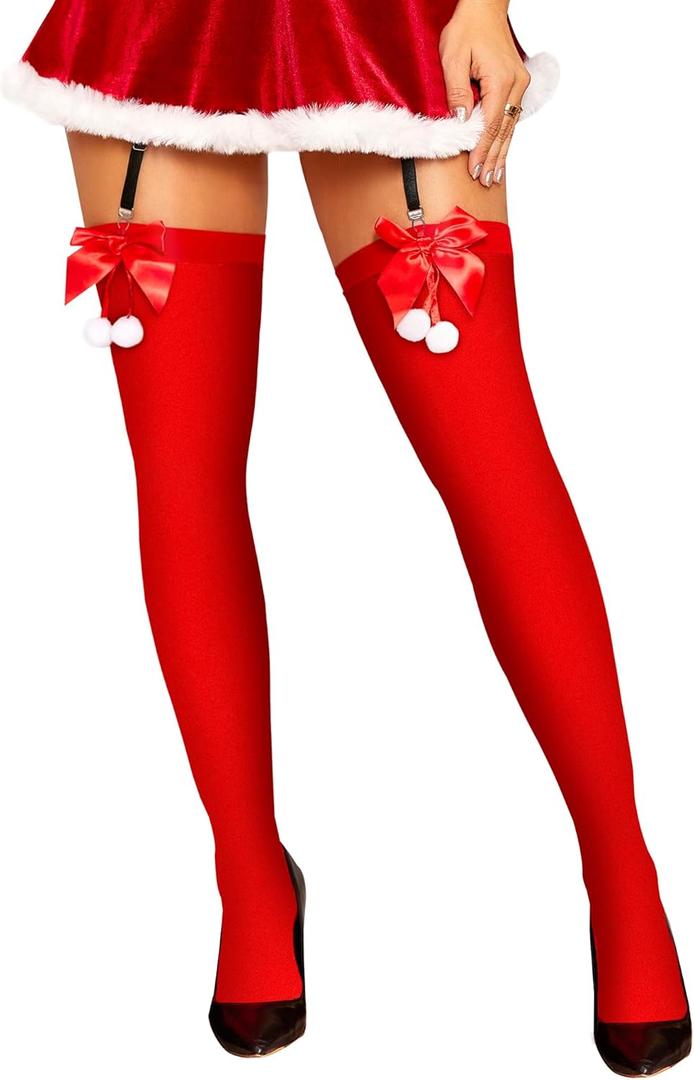 RSLOVE Christmas Thigh High Stockings for Women Sexy Fishnet Tights with Bow Accent Santa Accessory Hosiery One Size (Red)