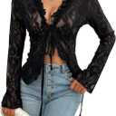 Women's V Neck Lace Sheer Top Sexy Mesh See Through Shirts Open Front Tie Long Sleeve Blouses Y2k Going Out Tops (Large, Black)