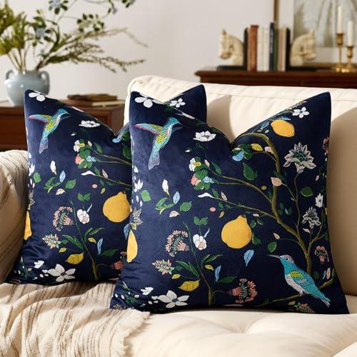 MUSSEL Navy Blue Velvet Throw Pillow Covers 16x16 Pack of 2, Vintage Floral Pillow Covers, Mid Century Flower Plant Cushion Covers for Sofa Living Room Home Decor