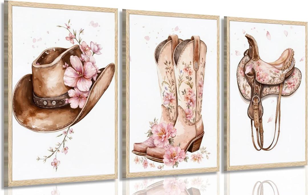 Tertiosh 3Pcs Western Cowgirl Wall Art Retro Western Flower Boots Hats Wall Decoration Pictures Girls Room Paintings Artwork Preppy Prints for Living Room Bedroom Dorm Decor 16x24in Poster (24L"x16W")