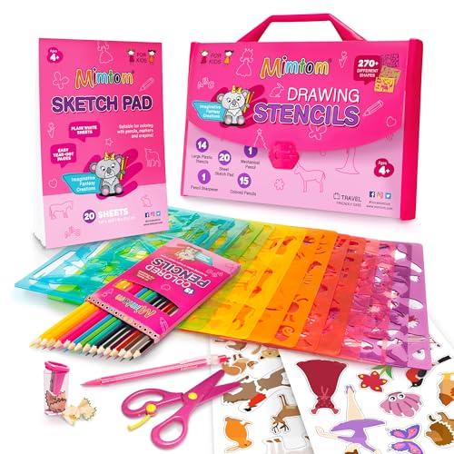 Mimtom Drawing Stencil Kit for Kids, 51 PC Art Set with 270+ Shapes, Sketch Pad, and Colored Pencils for Child's DIY Arts and Crafts, Draw with Princess, Fairies and Animal Stencils, Pink
