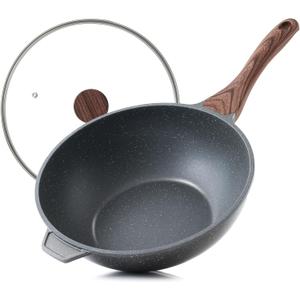 SENSARTE Nonstick Wok Pan with Lid 11-inch, Healthy Stir-fry Pan Induction Cookware with Swiss Granite Coating, Deep Frying Pan Skillet with Stay-cool Handle, PFOA Free (Gray)