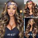 Colorful Queen Honey Blonde Highlight Headband Wig Ombre Brown Body Wave Headband Wigs for Black Women Brown Mix Blonde Colored Long Wavy Wig with Headband 26 Inch F4/27