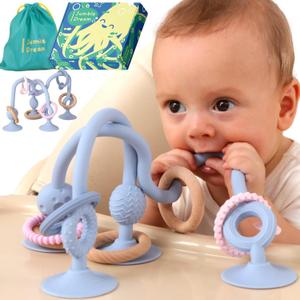 Jumble Jangle Baby Teething Toys BPA-Free, Multi Purpose High Chair Toys & Sensory Toys for Kids with Autism: Suction Teething Relief with Sensory Toy Textures for Infants and Toddlers (Light Blue)