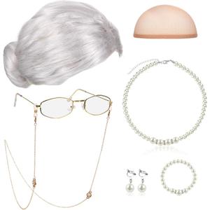 Gejoy 7 Pcs Old Lady Wig Costume Set Grandma Hair Cap Glasses Chain Pearl Necklace for Props Cosplay