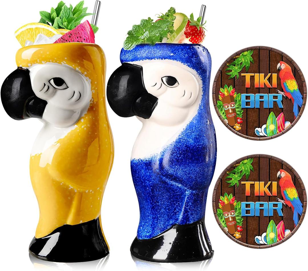 SuproBarware Tiki Mugs Set of 2 - Large Parrot Cocktail Tiki Glasses Hawaiian Party Cute Exotic Cocktail Glasses Hawaiian Ceramic Mug