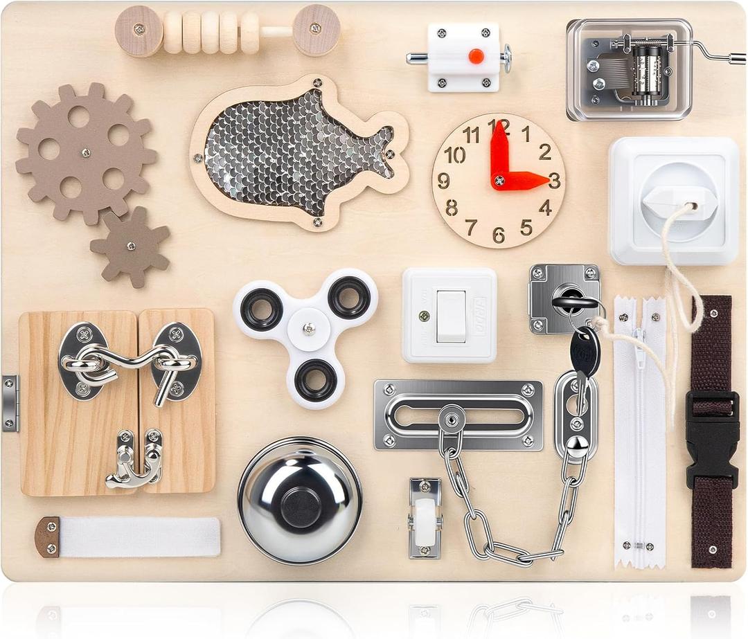 Montessori Busy Board for Toddlers 1 2 3 4 Year Old, Wooden Sensory Toys, Preschool Learning Activities for Fine Motor Skills Travel Toy, Basic Life Skills Educational Gifts for Age 1-3 Kids Boy Girl