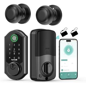 Hornbill Front Door Lock Set: WiFi Keyless Entry Smart Deadbolt Knob with Fingerprint Keypad App Code Fobs Remote Control Alexa Google, Digital Electronic Touchscreen Lock for Exterior, Matt Black