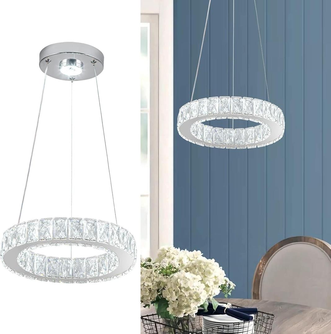11.8" Crystal Chandelier LED Round Flush Mount Ceiling Light Fixture Modern Hanging Pendant Lighting Mini Ring Chandeliers for Dining Room Kitchen Island Hallway Bathroom (Cool White)