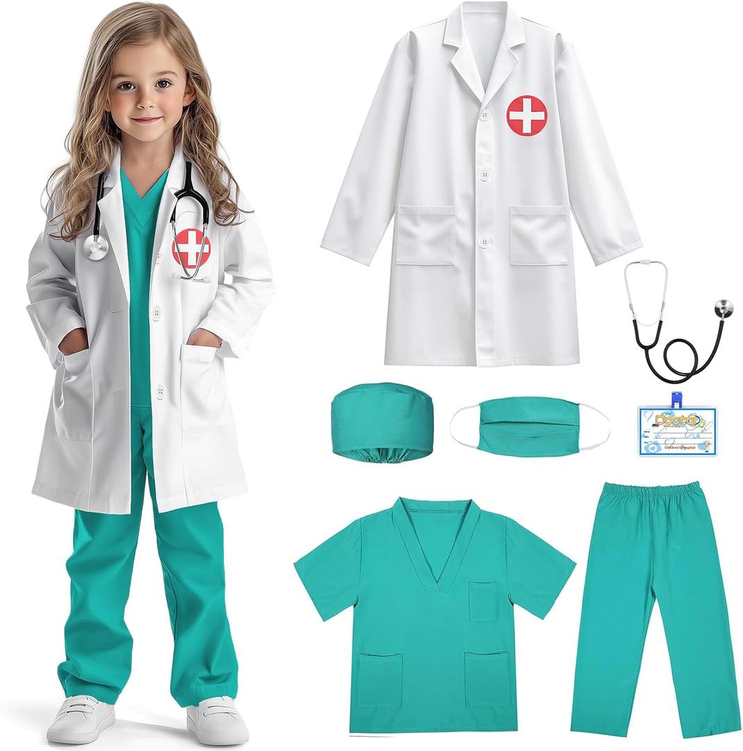 Doctor Costume for Kids Scrubs Real Stethoscope Lab Coat Halloween Costumes Career Day Costume For Boys Girls 7PCS (150/9-10Y, Green)