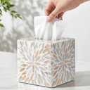 Reallnaive 5.9 Inch Cube Mother of Pearl Tissue Box Cover Ceramic Decorative Tissue Box Holder, Square Napkin Holder Rustic Napkin Dispenser Organizer for Table Bathroom Office (Ivory Cream Floral)