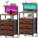 SZLHANJZ Nightstands Set of 2 with Outlet and USB C Port, Bedroom Night Stand with Led Lights and 3 Fabric Drawers, Matching Bedside Tables with Hooks, Vintage Style Storage End Tables, Rustic Brown