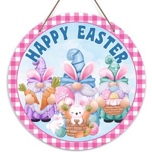 Happy Easter Welcome Door Sign, Bunny Decor Wooden Sign Round Decorative Wall Plaque, Easter Gnomes Welcome Sign for Front Door, Farmhouse Porch Yard Hanging Sign Outdoor Decorations -18