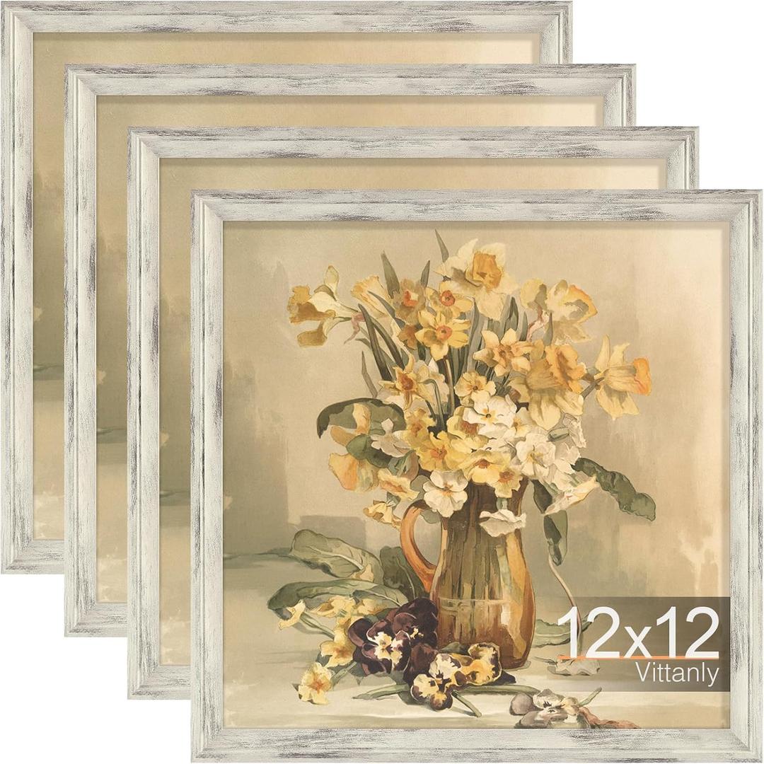 Vittanly 12x12 Picture Frames Set of 4, Vintage Photo Frames, Dist. White | Display 8x8 Pictures with Mat or 12x12 without Mat, Rustic Frames Covered by Plexiglass, Wall & Tabletop Farmhouse Home Decor