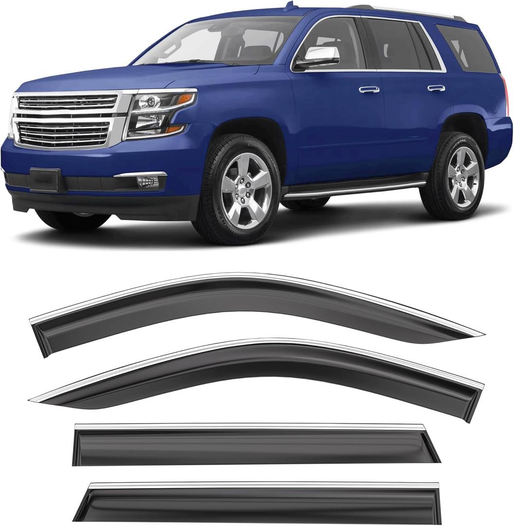 Shatterproof Taped-On Window Deflectors for Chevrolet (Chevy) Tahoe/GMC Yukon 2021-2025 with ChromeTrim, Rain Guards, Window Visors for Car, Vent Deflector, 4pcs