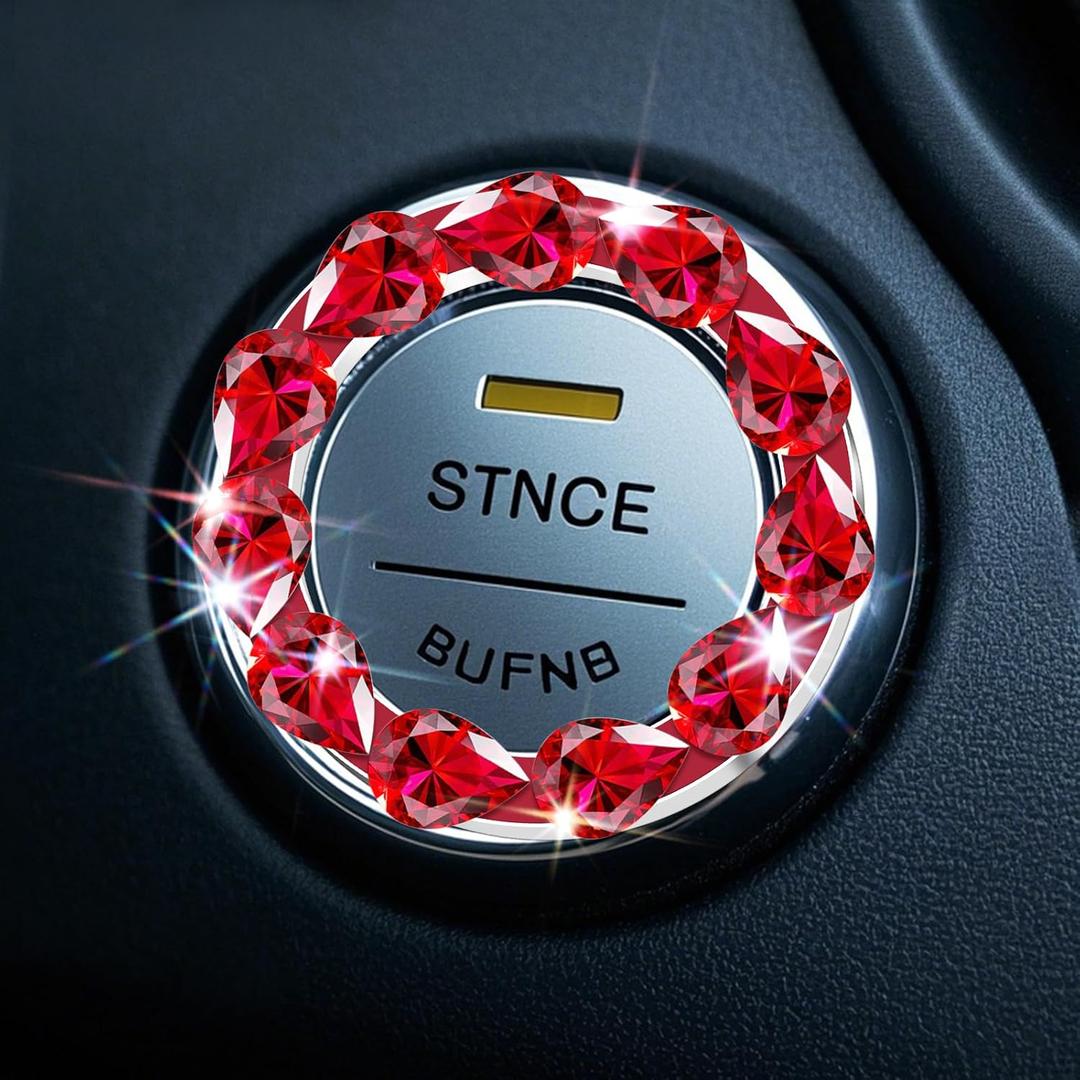 4 x Soleebee Bling Car Engine Start Stop Trim Ring for Women, Crystal Rhinestone Car Push Start Button Cover/Sticker, Key Ignition and Knob Bling Ring (Red)