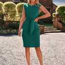 Simplee Womens Work Business Bodycon Midi Dress Elegant Fall Crew Neck Cap Sleeve Semi Formal Office Cocktail Sheath Dresses (Green, M)