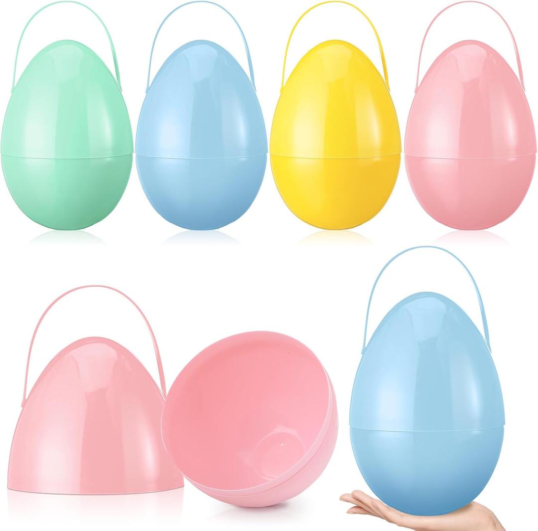 Funtery 4 Pcs Jumbo Easter Eggs 10 Inch Plastic Giant Easter Eggs with Handles, Clear Large Baskets Fillable Big Bunny Egg Shaped Baskets Containers Decoration (Pastel Colors)