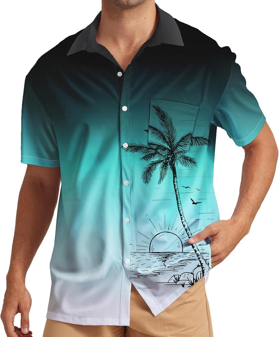 Men's Hawaiian Shirt Short Sleeve Casual Printed Button Down Tropical Shirt Summer Holiday Beach Hawaii Shirts (L)