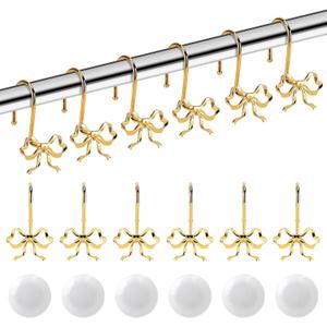 12 Pack Bow Shower Curtain Hooks,Decorative Rings with 12 Pcs Shower Curtain Weights,Metal Rustproof Bow Knot,Bow Curtain Hooks for Bathroom,Living & Nursery Room Art Decor Accessories(Gold)