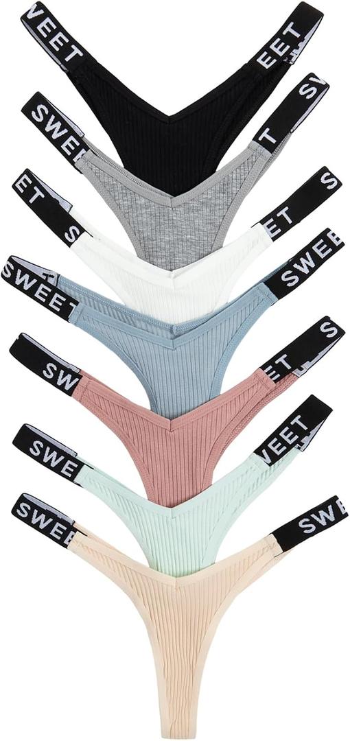 Verdusa Women's 7Pcs G String Thongs Cheeky Low Rise Letter Print Tape Underwear Pack Panties Briefs (Multicolor) S