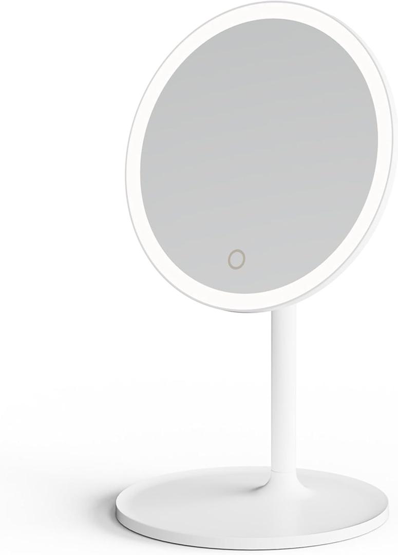 Mooas Travel Makeup Mirror, Portable LED Lighted Vanity Mirror, 6.17.83 in Slim Foldable Mirror with Touch Control, 3-Color Dimmable Lighting, Rechargeable USB-C, Pouch Included, White (Round)