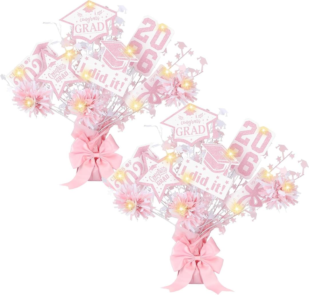 DoubleFill 2 Set Pink Graduation Decorations Class of 2026 Graduation Table Centerpieces Sticks Table Toppers with Lights for College High School Congrats Grad Party Supplies