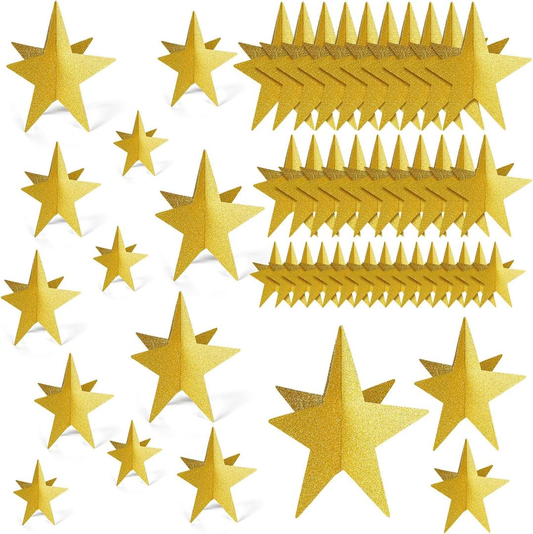 45 Pcs 3D Star Centerpieces Movie Night Decorations for Table in 3 Size Hanging Supplies for Red Carpet Film Show Theme Birthday New Year Party First Day of School Table Decor(Gold)