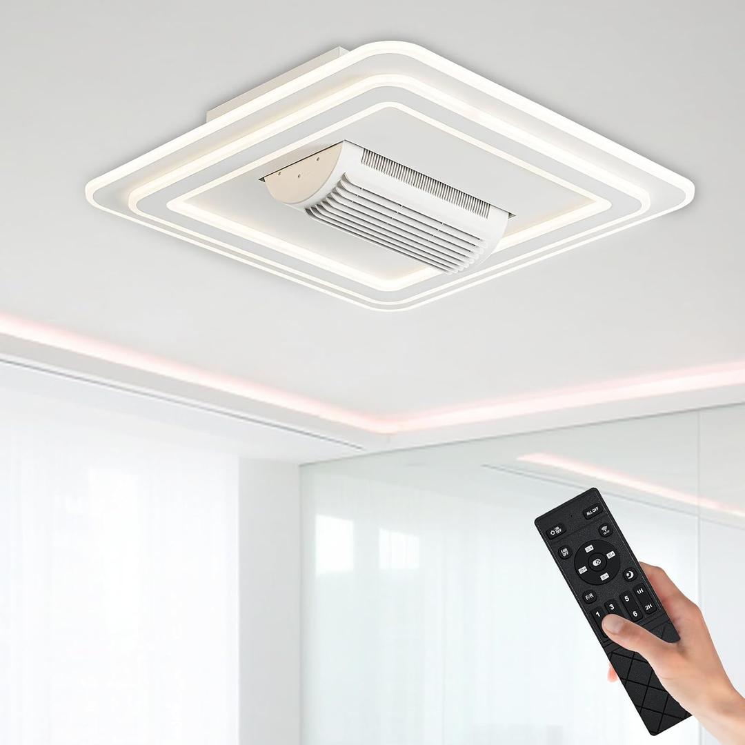 STERREN Bladeless Ceiling Fans with Lights, 20" Modern Flush Mount Ceiling Fan with Remote and Dimmable LED Lights, 6 Speed Fan Light for Bedroom Living Room (Square)