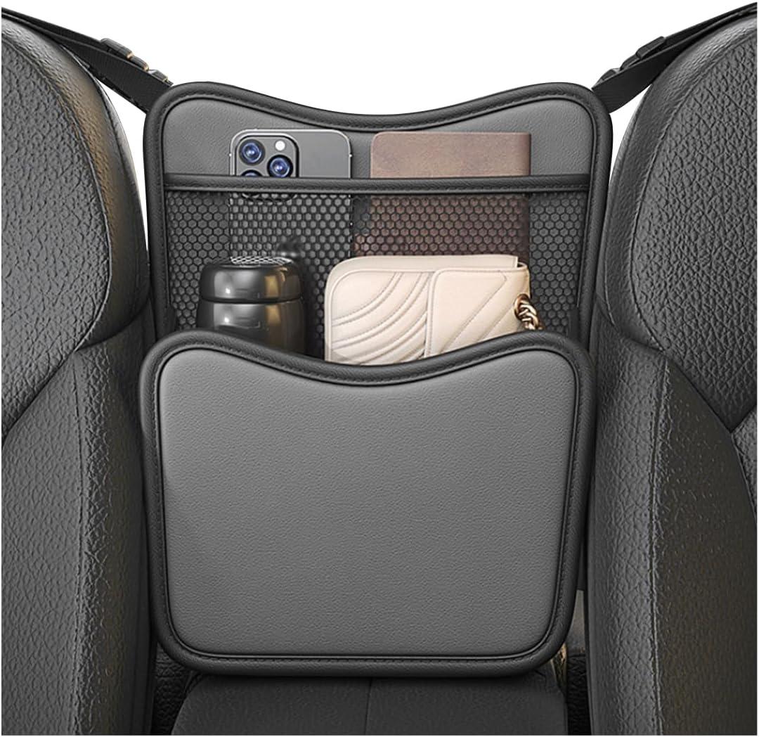 FSTURIOS Car Organizer Storage Between Seats, Nappa Leather Front Seat Storage Bag with Tissue Holder, Automotive Console Hanging Net Pocket Handbag Holder for Phone Document (Gray)