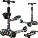 2-in-1 Kick Scooter for Kids Ages 3-8, Adjustable Height Foldable Scooter Removable Seat, 3 LED Light Wheels, Outdoor Activities for Toddlers Boys Girls (Black)