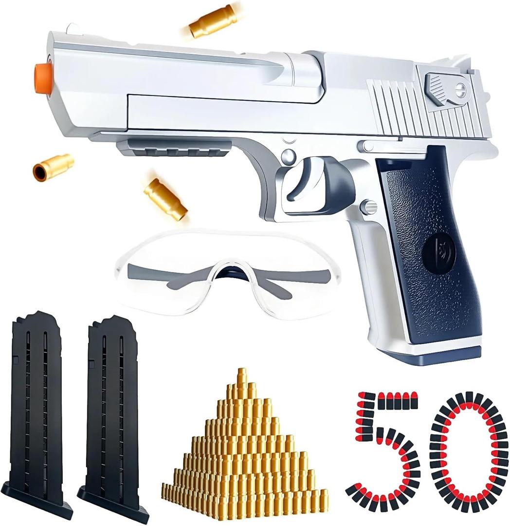 Foam Blaster Pistol Toy Gun with Shell Ejecting Safe for Kids Ages 6+ Includes 50 Soft Bullets & Goggles 32ft Shooting Range Fun Indoor Outdoor Party Game Great for Foam Dart Battles