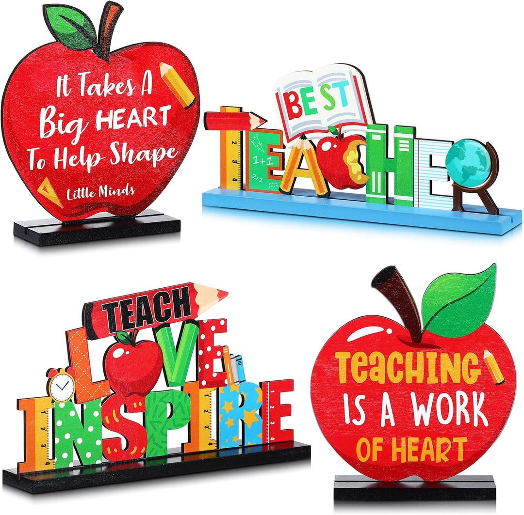 Jetec Teacher Appreciation Table Centerpieces Best Teacher Sign Table Decorations for Student to Teacher Home Decor Classrooms Desks Teaching Wooden Signs Topper (4)