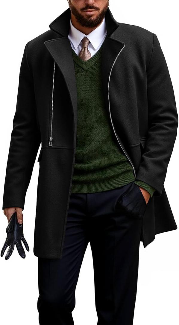 Runcati Mens Trench Coat Notch Lapel Zip Up Overcoat Casual Winter Long Business Pea Coat (Black)