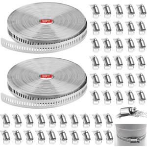 Hose Clamps 100FT Strap+50 Fasteners,DIY Cut-To-Fit 304 Stainless Steel Adjustable Large Worm Gear Band Clamp Assortment Kit,Metal Screw Fasteners and Strapping for Pipe,Duct,Pole,Tube