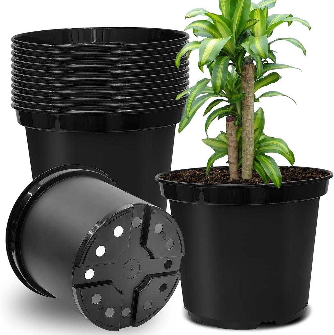 BTPLASTIK 3 Gallon Nursery Pots, 10 Inch Thickened Plant Pots with Drainage Holes, Plastic Round Planter for Outdoor Indoor Plants (12-Pack, Black)