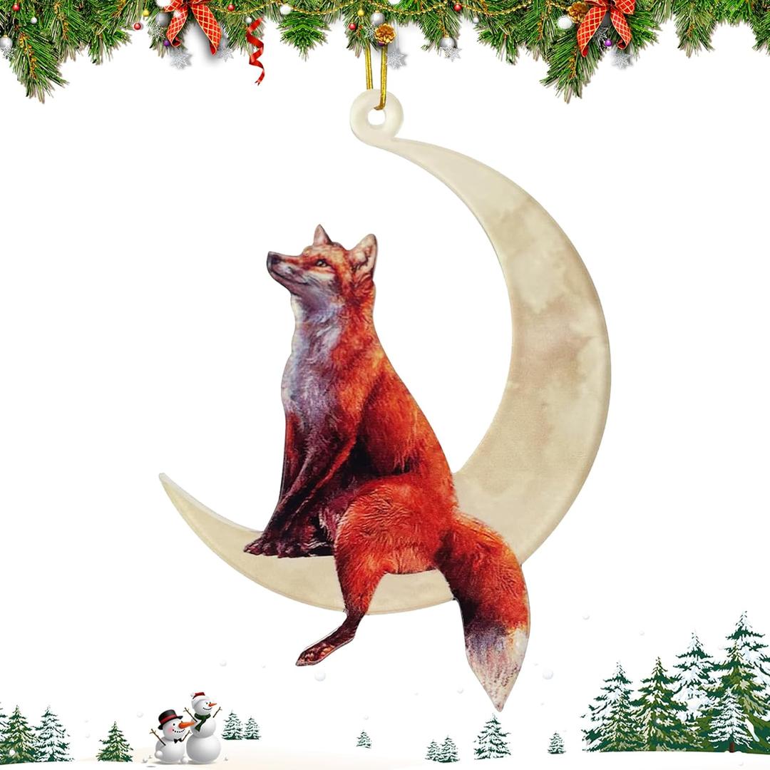 4 x Christmas Tree Decorations, Acrylic Animal Christmas Ornaments, Home Decoration, Party Decoration, Small Animals on The Moon (Moon Fox)