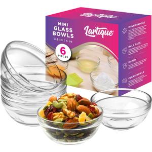 Mini 3.5 Inch Clear Glass Bowls - Set of 6, Modern Glass, Meal Prep or Dessert Bowls, Microwave & Dishwasher Safe