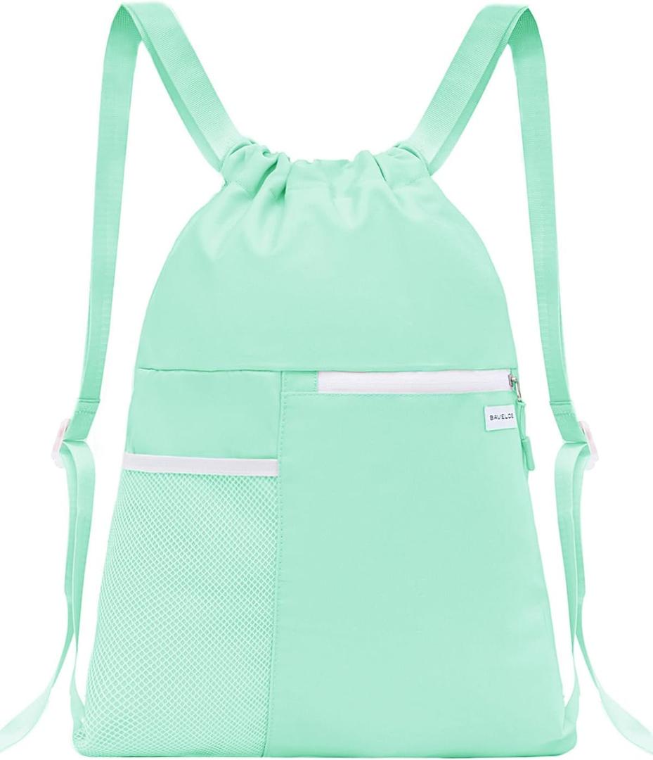 BAVELOE Drawstring Backpack with Mesh Pocket Water Resistant String Beach Swim Sports Gym for Women Men (Mint Green)
