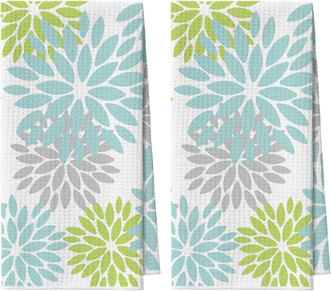 Artoid Mode Light Blue Dahlia Floral Bar Kitchen Towels, 12x24 Inch Quick Dry Microfiber Cloth Dish Towels for Kitchen Drying Set of 2
