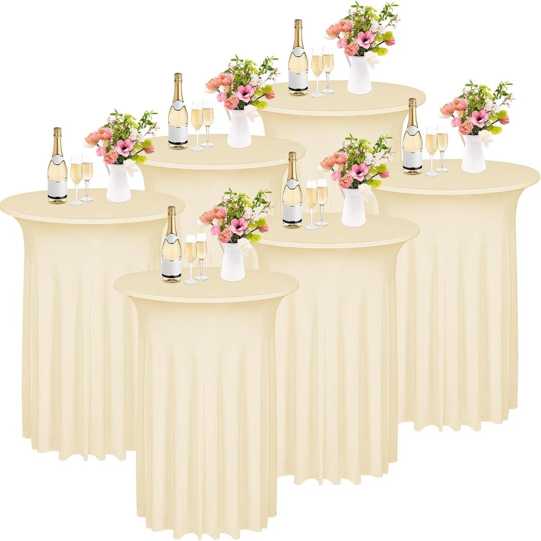 Kochorie 6 Pieces Cocktail Table Skirt Round Cocktail Table Covers 32 x 43 Inch Spandex Stretch High Top Table Cloth for Wedding Table Bar Banquet Party Supplies (Champagne)