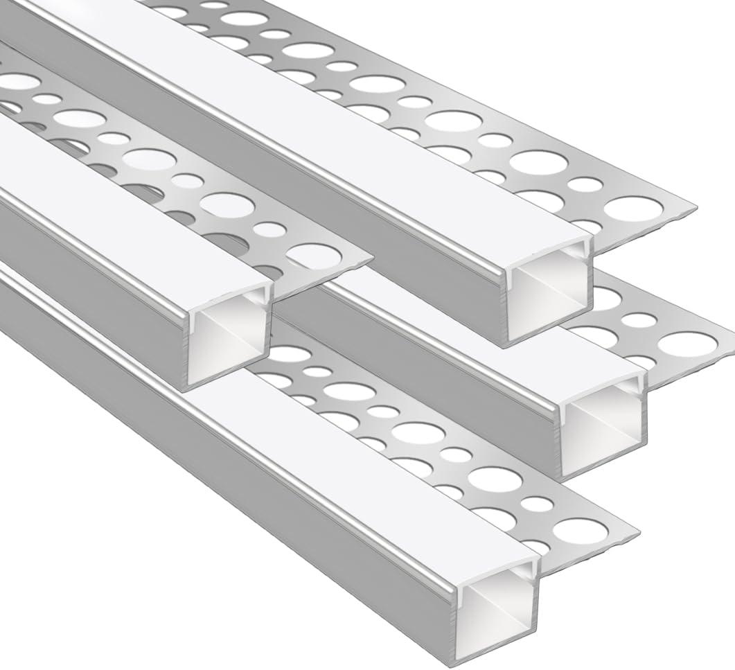4 Pack 3.3ft/1Meter Plaster-in LED Channel, Trimless Recessed Drywall Aluminum LED Profile with Milky Diffuser, Single Edge LED Strip Aluminum Channel for Wall and Ceiling